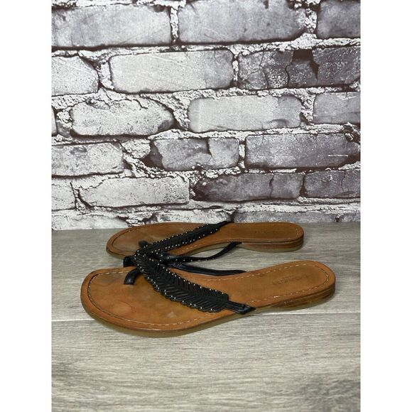 Coach New York DENI Black Leather Feather Thong Flat Sandals Women Sz 8B US/38EU - Picture 12 of 16